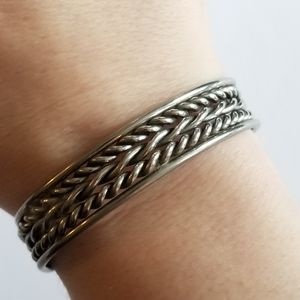Vintage cuff bracelet silver tone metal braided look